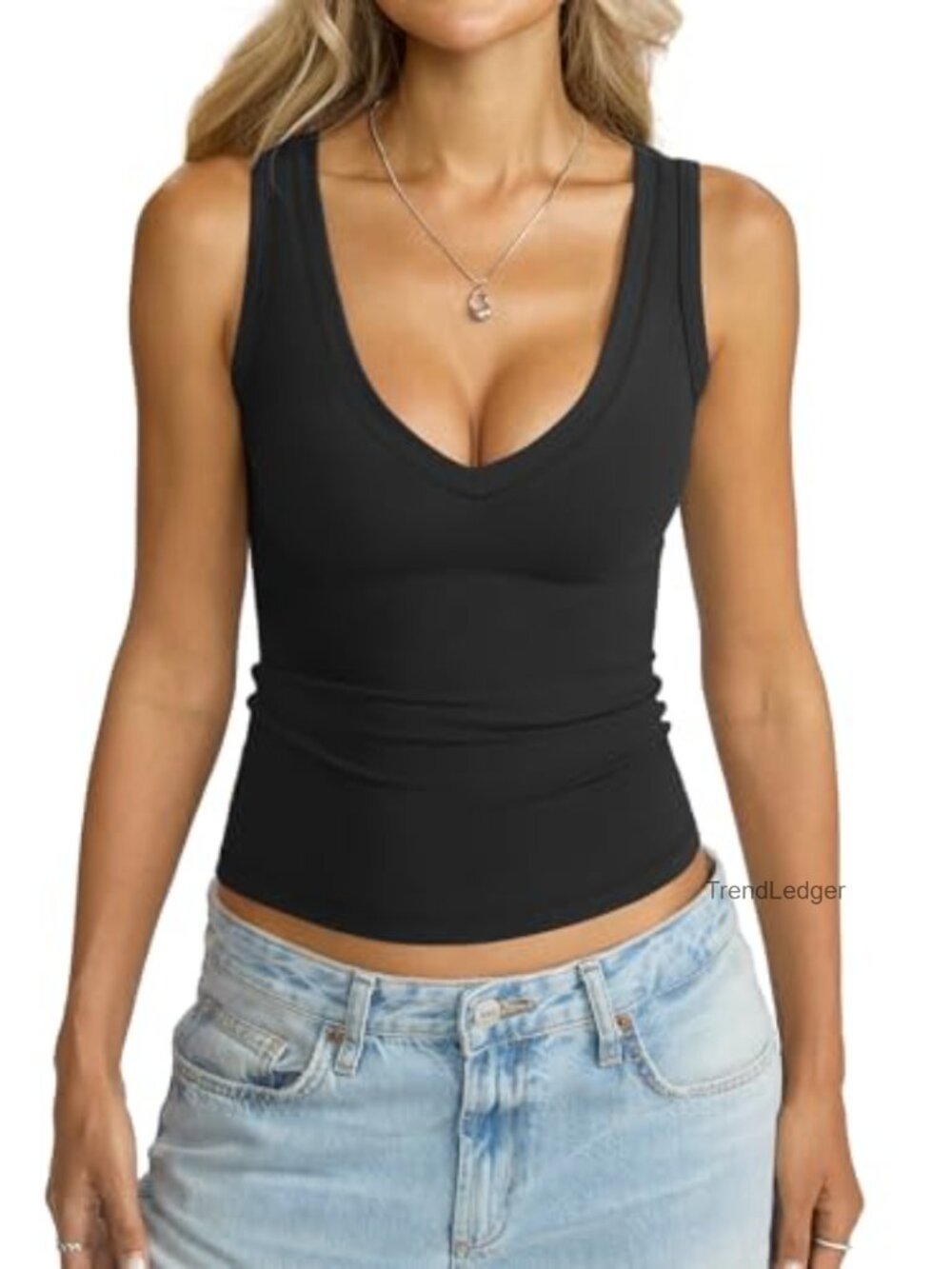 Eachyes Women's Deep V Neck Tank Top Sleeveless Slim Fit Polyester Elastane